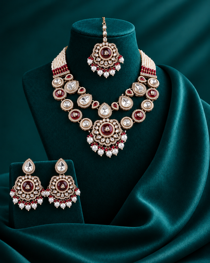 Ruby Aaralika Premium Sabya Inspired Monalisa Necklace Set with Earring & Teeka