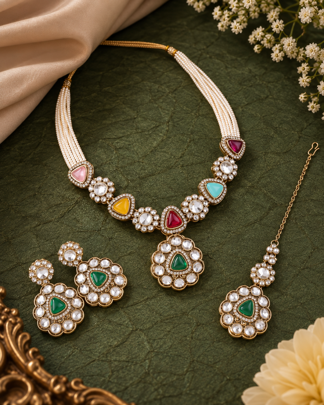 Multi Jasneet Premium Zircone Polki Dupe Necklace Set With Earrings & Teeka