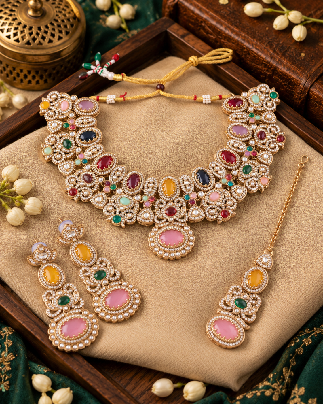 Multi Arshana Premium Sabya Inspired Necklace Set with Earring & Teeka