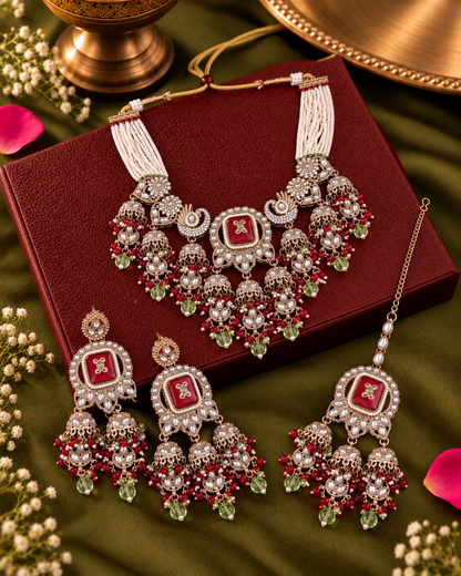 Ruby Mint Ruhisha Premium Sabya Inspired Monalisa Necklace Set with Earring & Teeka