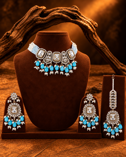 Turquoise Vrishtika Premium Polki Dupe Choker Necklace With Earring & Teeka