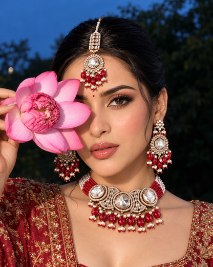 Red Aaradhika Premium Polki Dupe Choker Necklace With Earring & Teeka