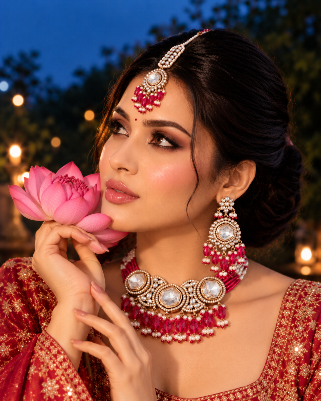 Pink Aaradhika Premium Polki Dupe Choker Necklace With Earring & Teeka