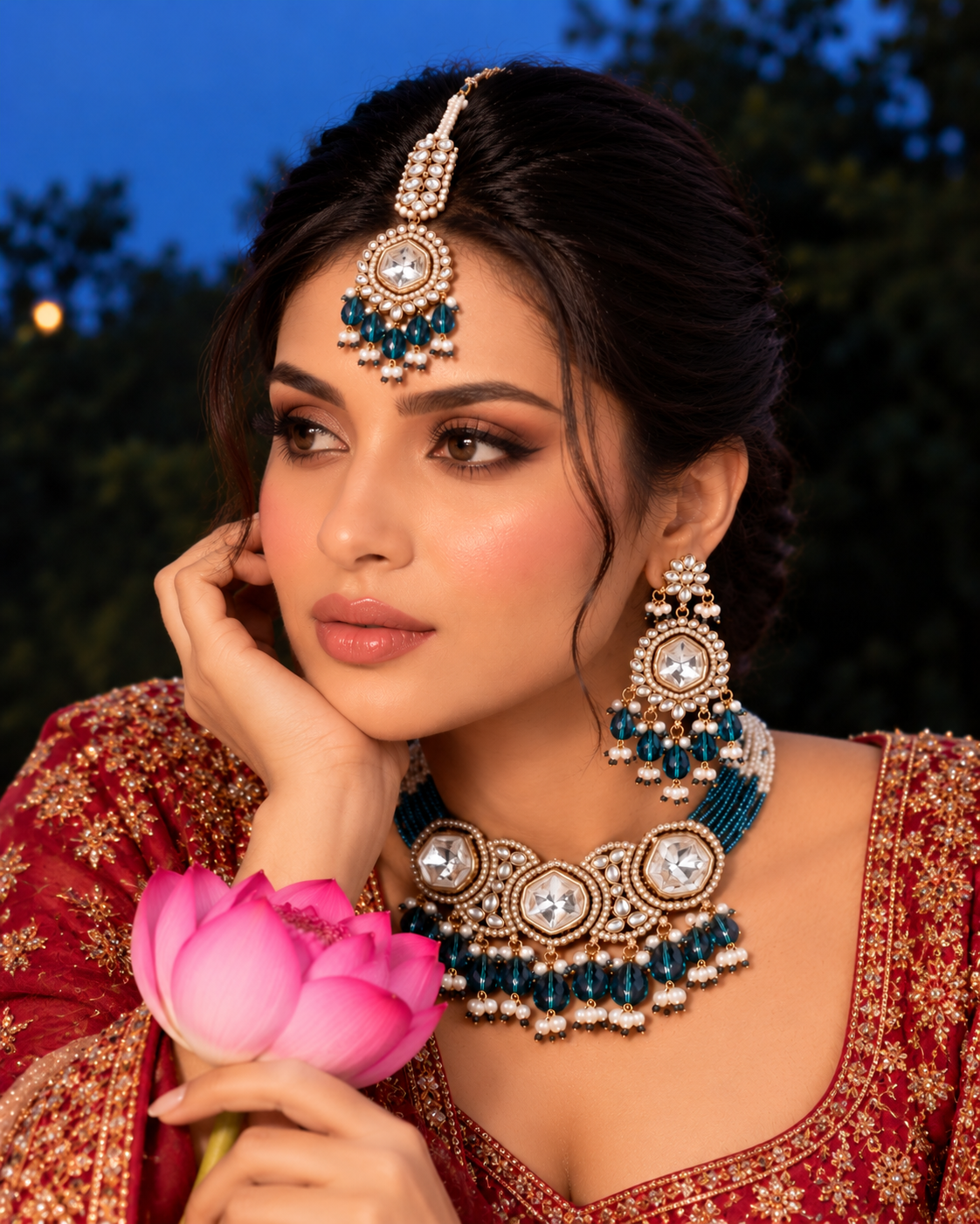 Teal Blue Aaradhika Premium Polki Dupe Choker Necklace With Earring & Teeka