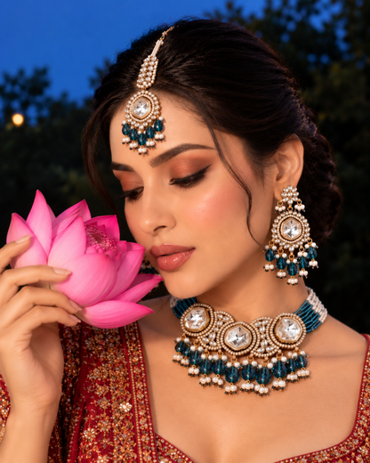 Teal Blue Aaradhika Premium Polki Dupe Choker Necklace With Earring & Teeka