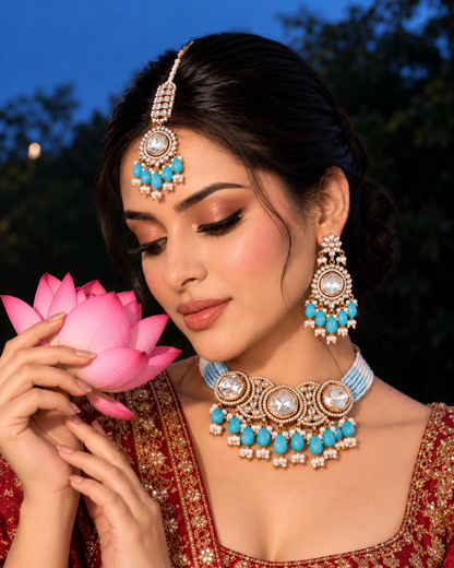 Turquoise Aaradhika Premium Polki Dupe Choker Necklace With Earring & Teeka