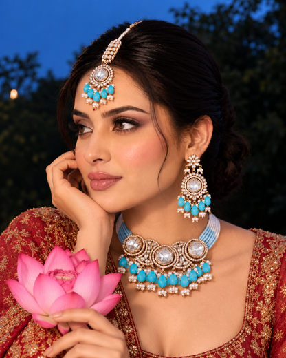 Turquoise Aaradhika Premium Polki Dupe Choker Necklace With Earring & Teeka