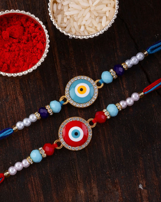 Pack of 3 Zaroon Evil Eye Rakhi with Tilak Set and Card