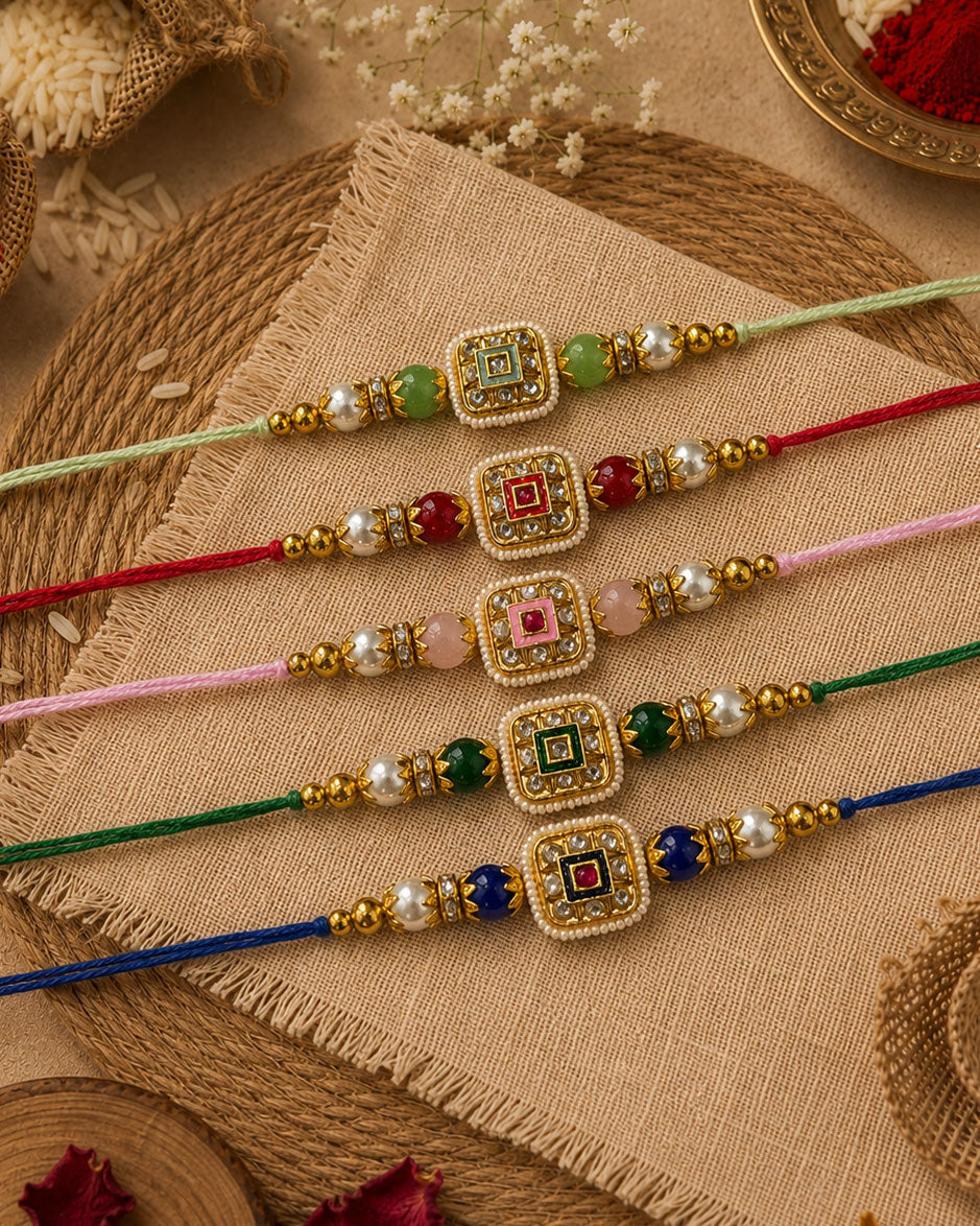Pack of 5 Vihanth Kundan Meena Rakhi for Brother | Tilak Set Included