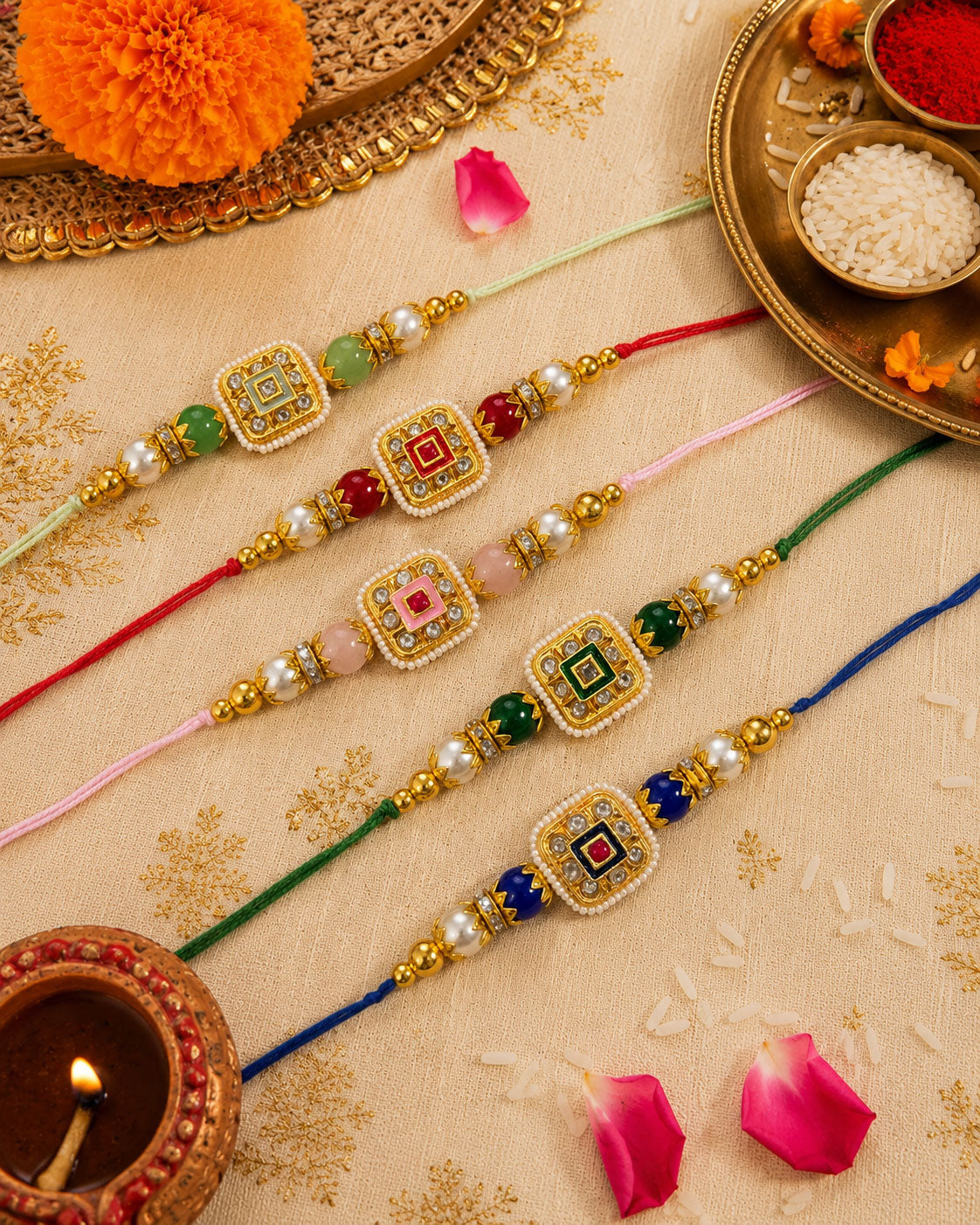 Pack of 5 Vihanth Kundan Meena Rakhi for Brother | Tilak Set Included