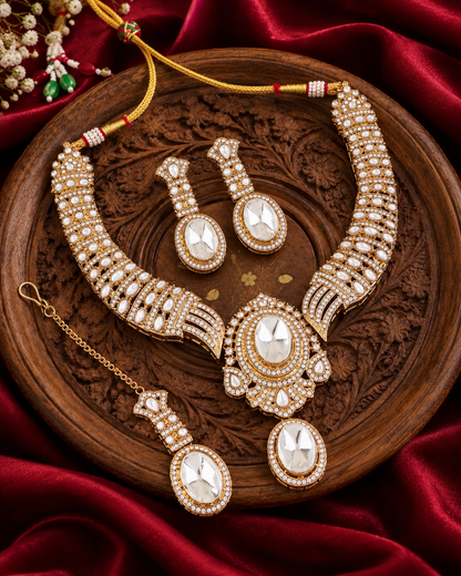 White Saumili Premium Sabya Inspired Necklace Set with Earring & Teeka