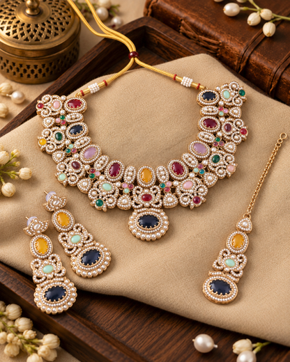 Multi Arshana Premium Sabya Inspired Necklace Set with Earring & Teeka