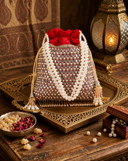 Red Aarshita Ethnic Mirror Pearl Batua Bag