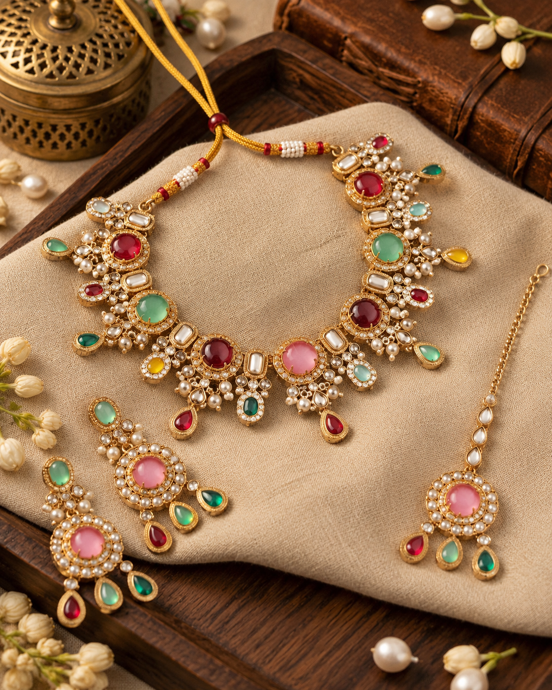 Multi Aavriti Premium Sabya Inspired Necklace Set with Earring & Teeka