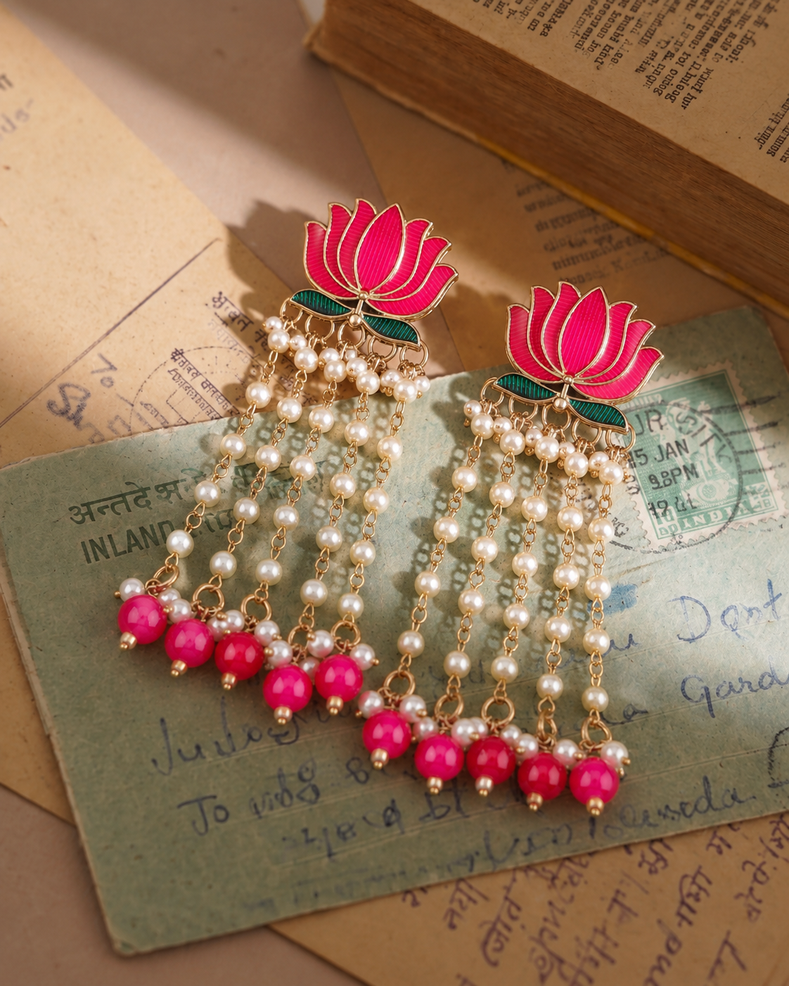 Pink Vihara Lotus Meenakari Earring