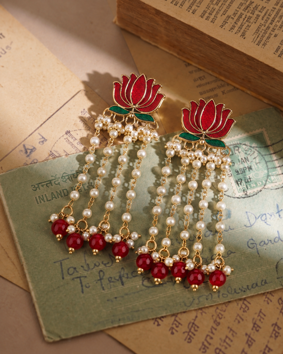 Red Vihara Lotus Meenakari Earring