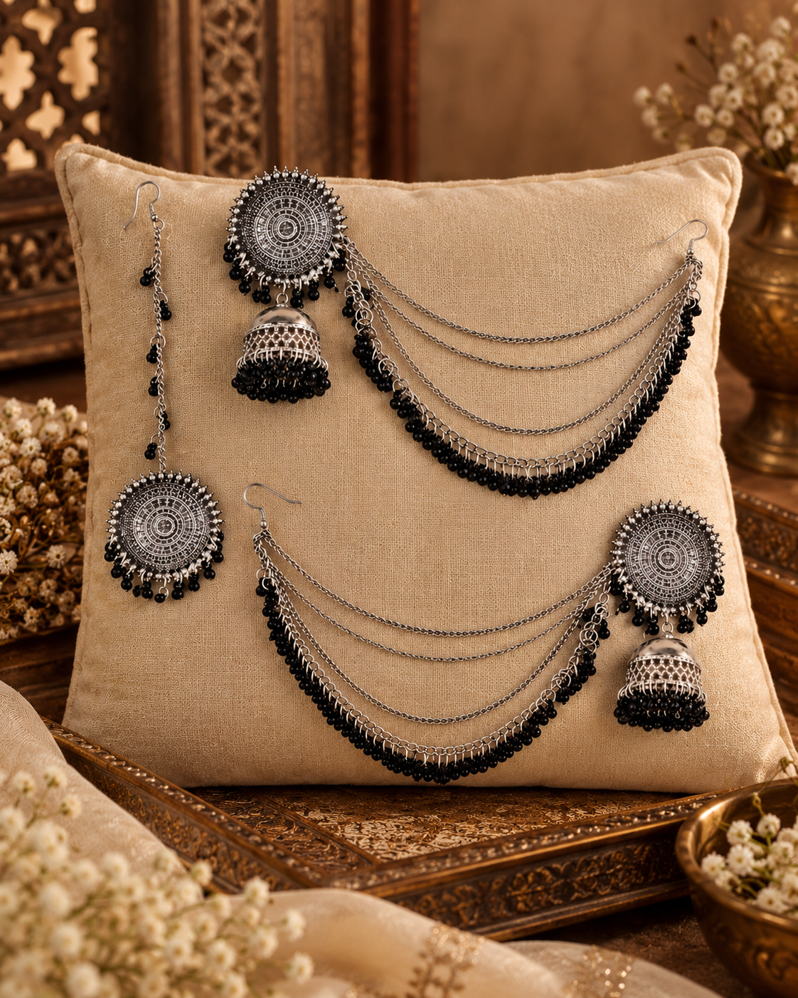 Zarminah Oxidised KaanChain Earrings With Teeka