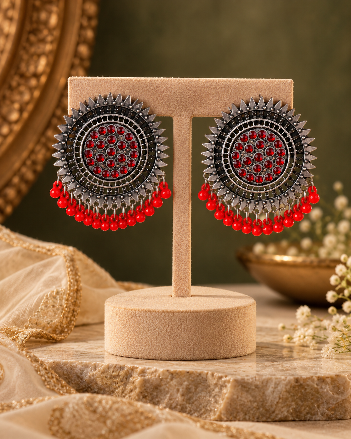 Red Sitaarika Oxidised Earrings