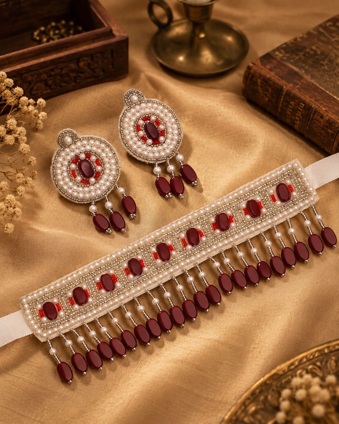 Maroon Tiani Handmade Necklace with Earring