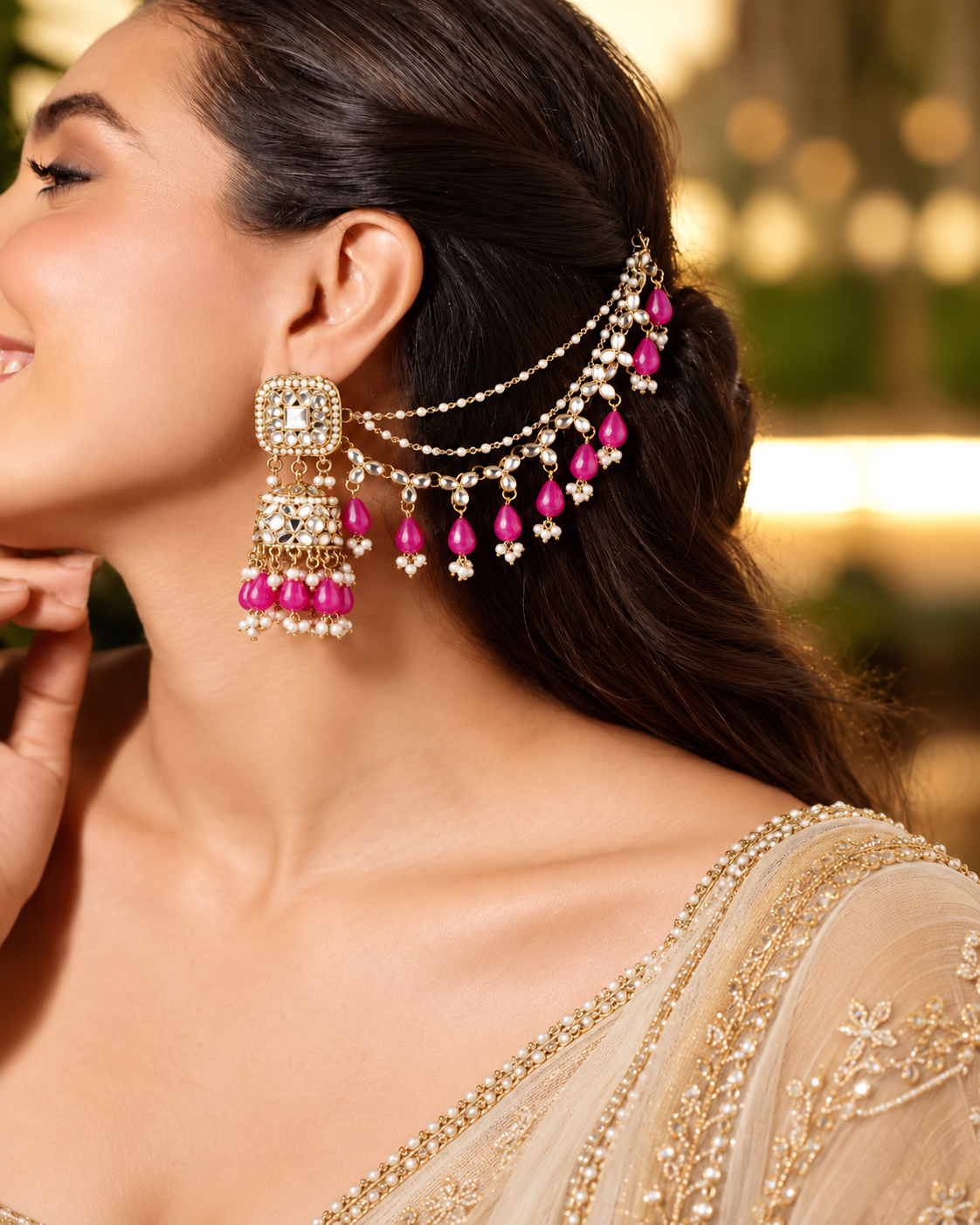Pink Aayat Mirror Bahubali Jhumka with Statement Kaan Chain and Teeka