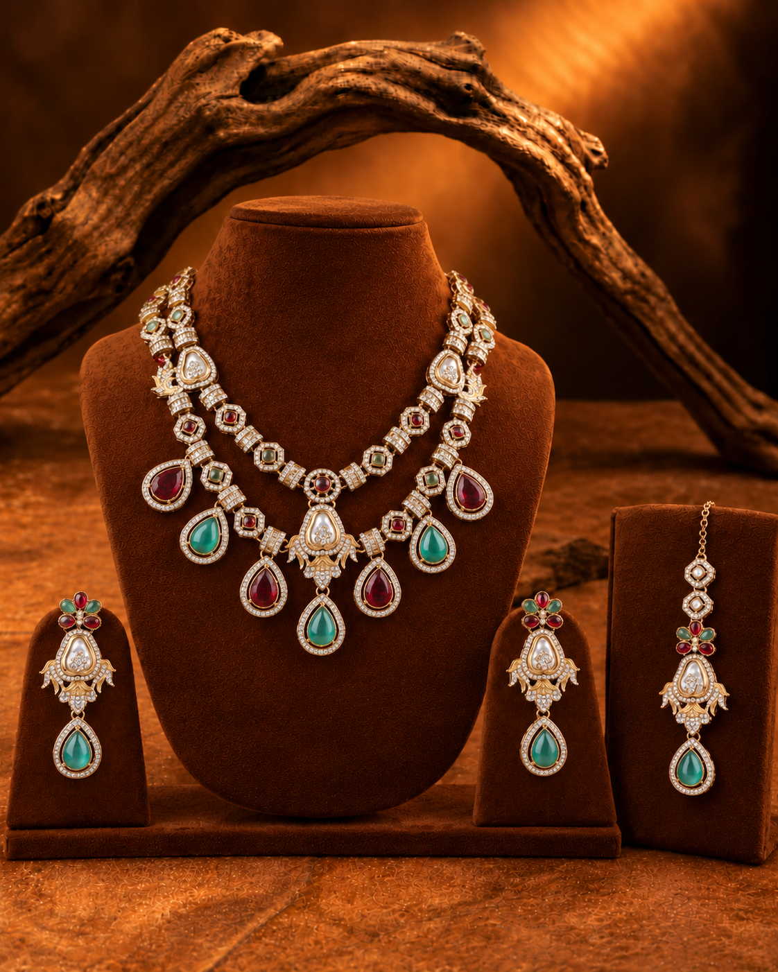 Mint Ruby Amrita Premium Sabya Inspired Necklace Set with Earring & Teeka