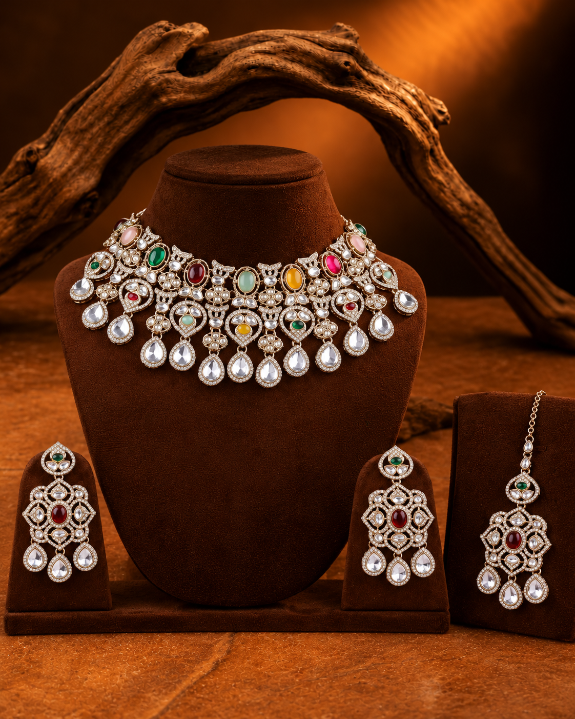 Multi Kashmira Kundan Zircone Necklace With Teeka & Earring