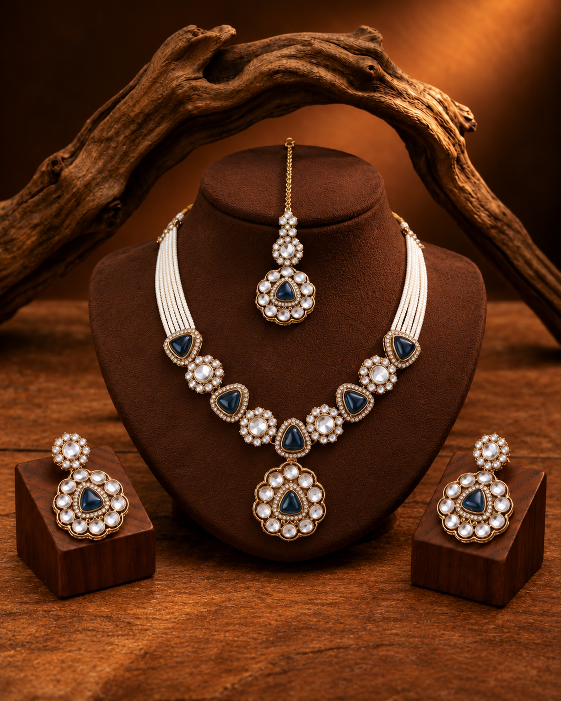 Blue Jasneet Premium Zircone Polki Dupe Necklace Set With Earrings & Teeka