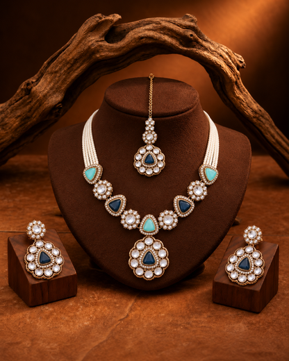 Blue Turquoise Jasneet Premium Zircone Polki Dupe Necklace Set With Earrings & Teeka