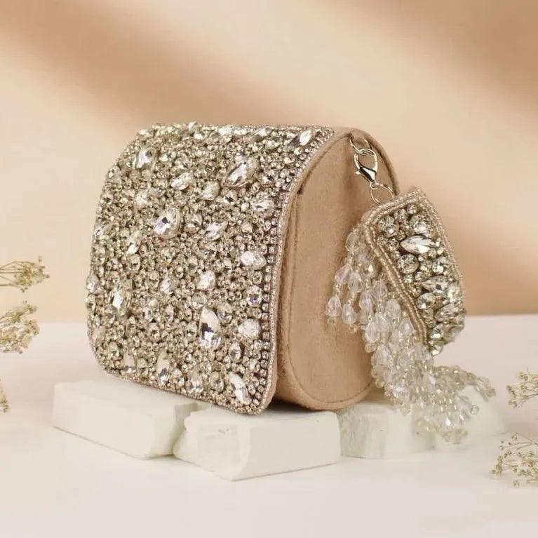 Beige Maria Rhinestone Flap Clutch