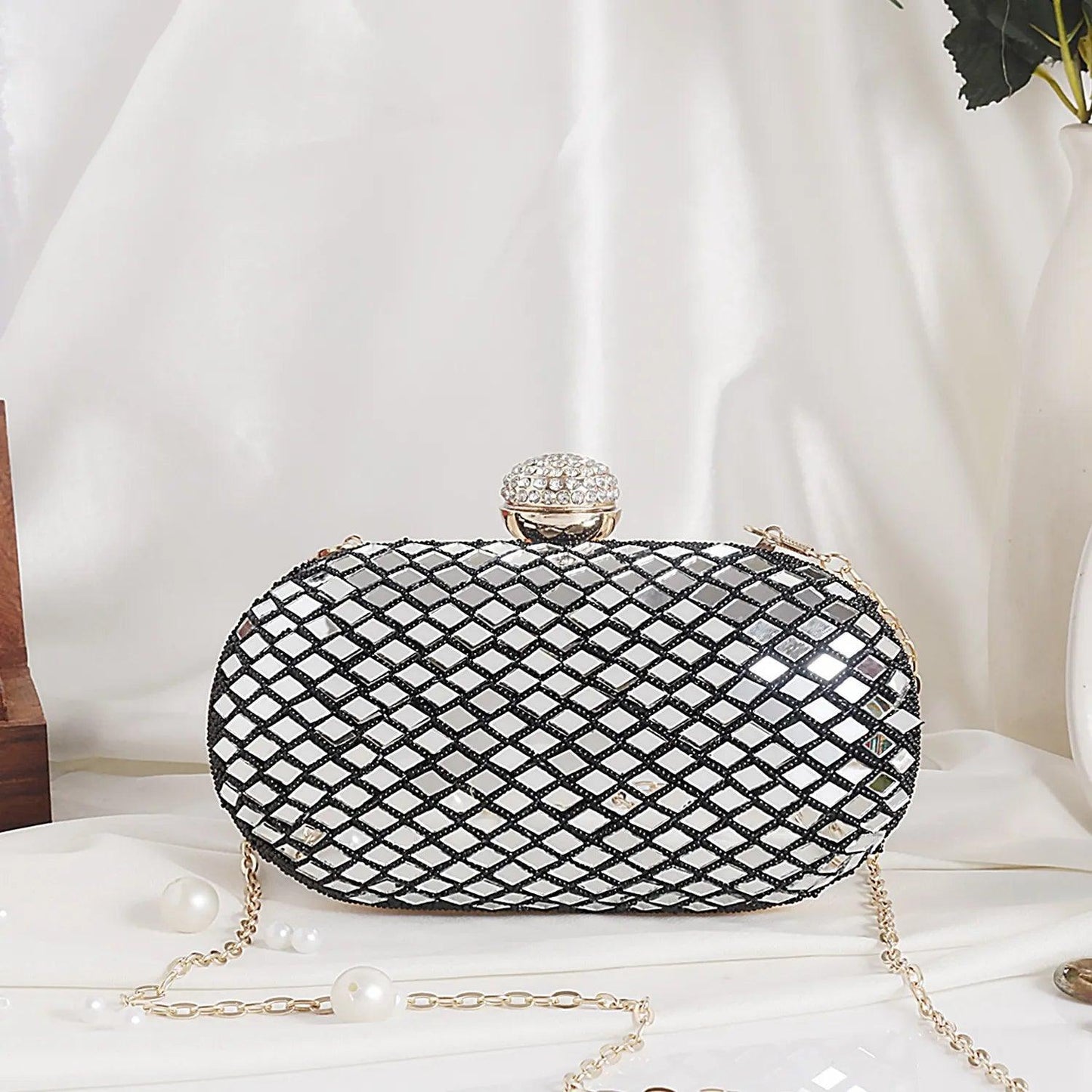 Black Designer Oval Clutch With Mirror Work