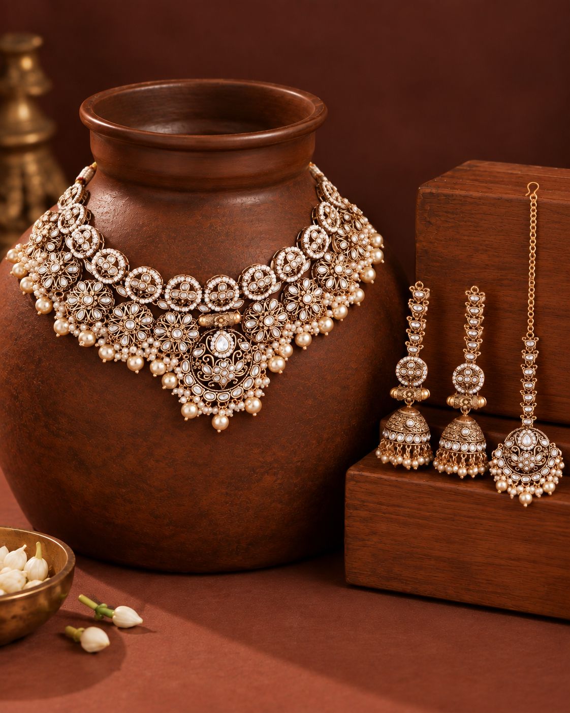 Pearl Ruhanya Rajwada Necklace Set with Earring and Teeka