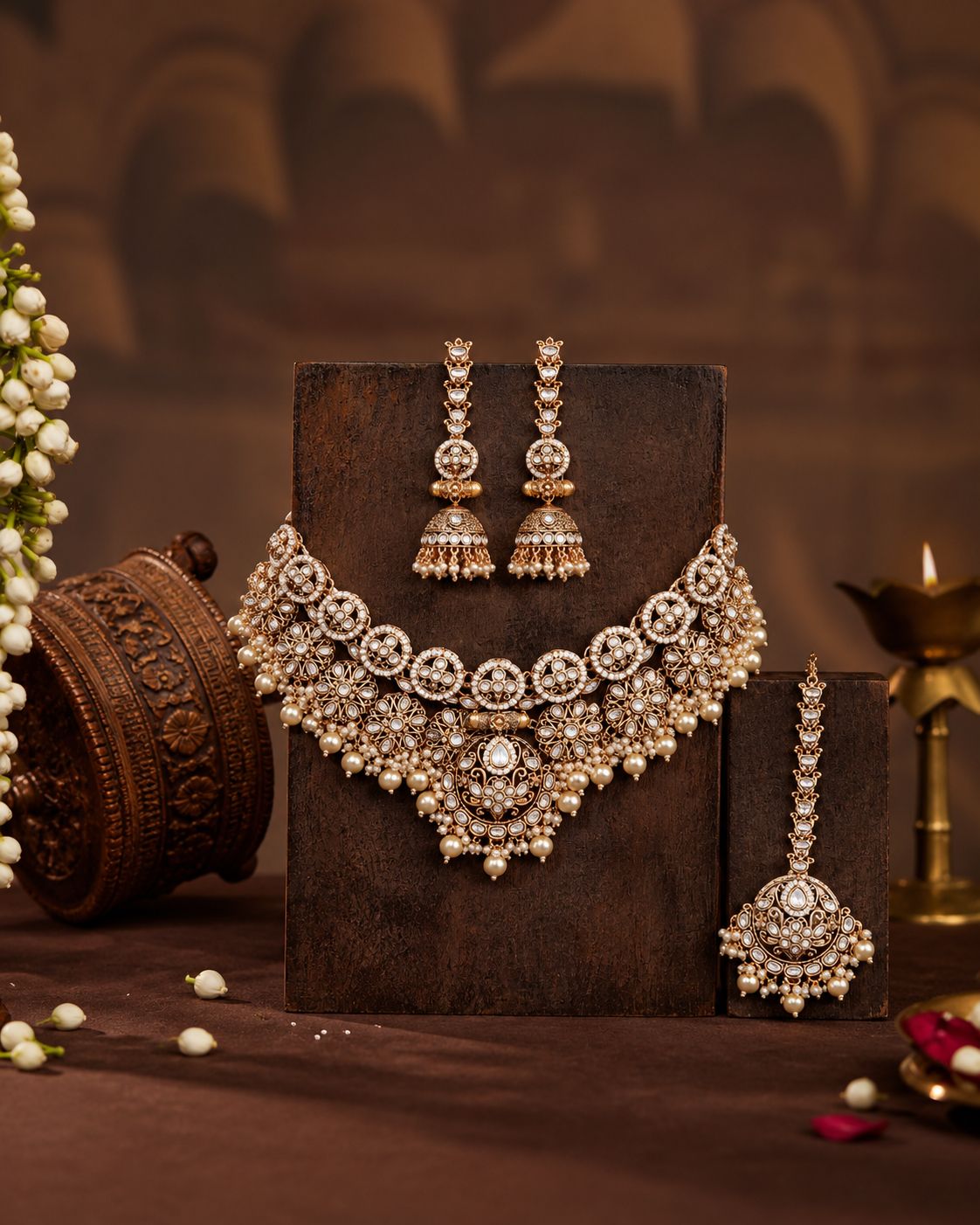 Pearl Ruhanya Rajwada Necklace Set with Earring and Teeka