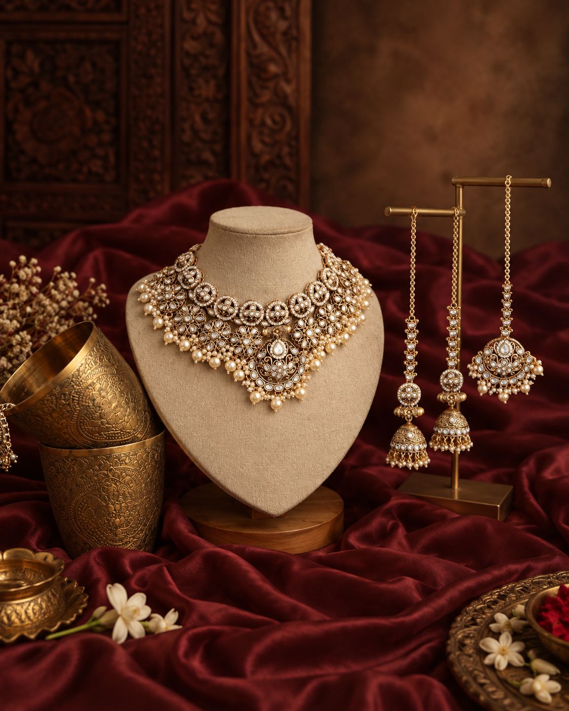 Pearl Ruhanya Rajwada Necklace Set with Earring and Teeka