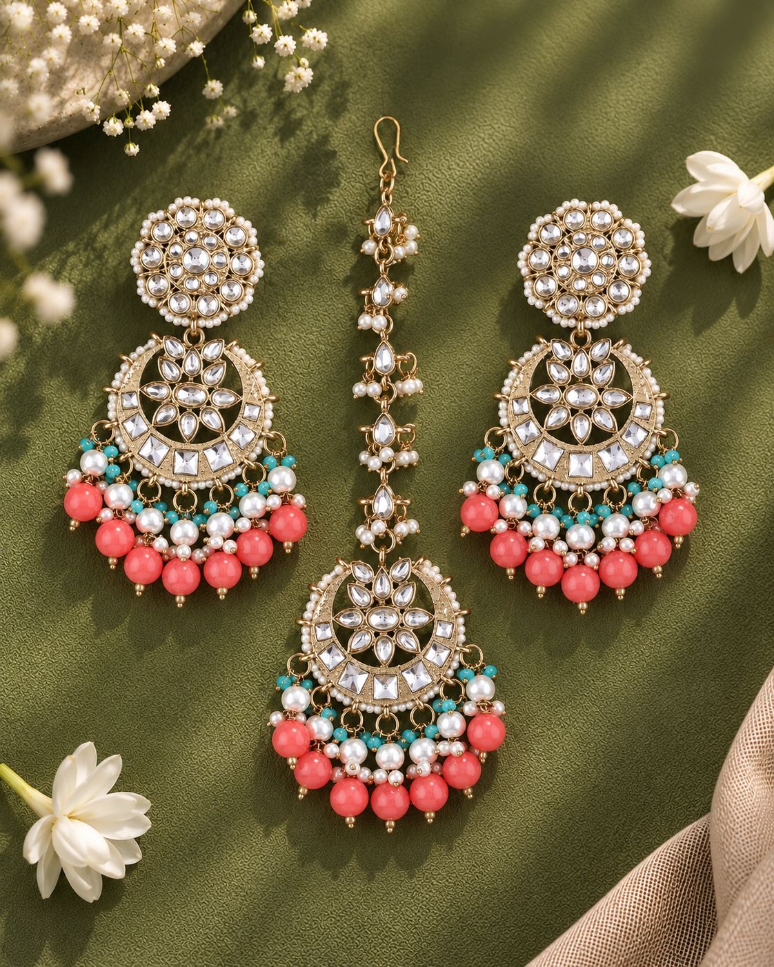 Coral Seerat Teeka Earring Combo Set