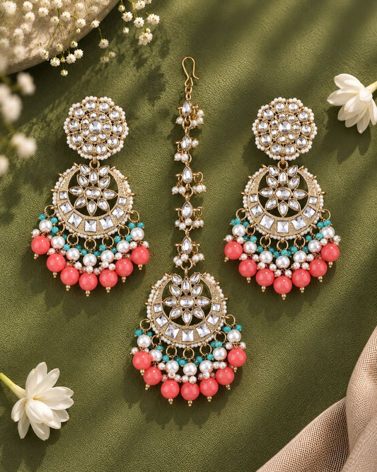 Coral Seerat Teeka Earring Combo Set