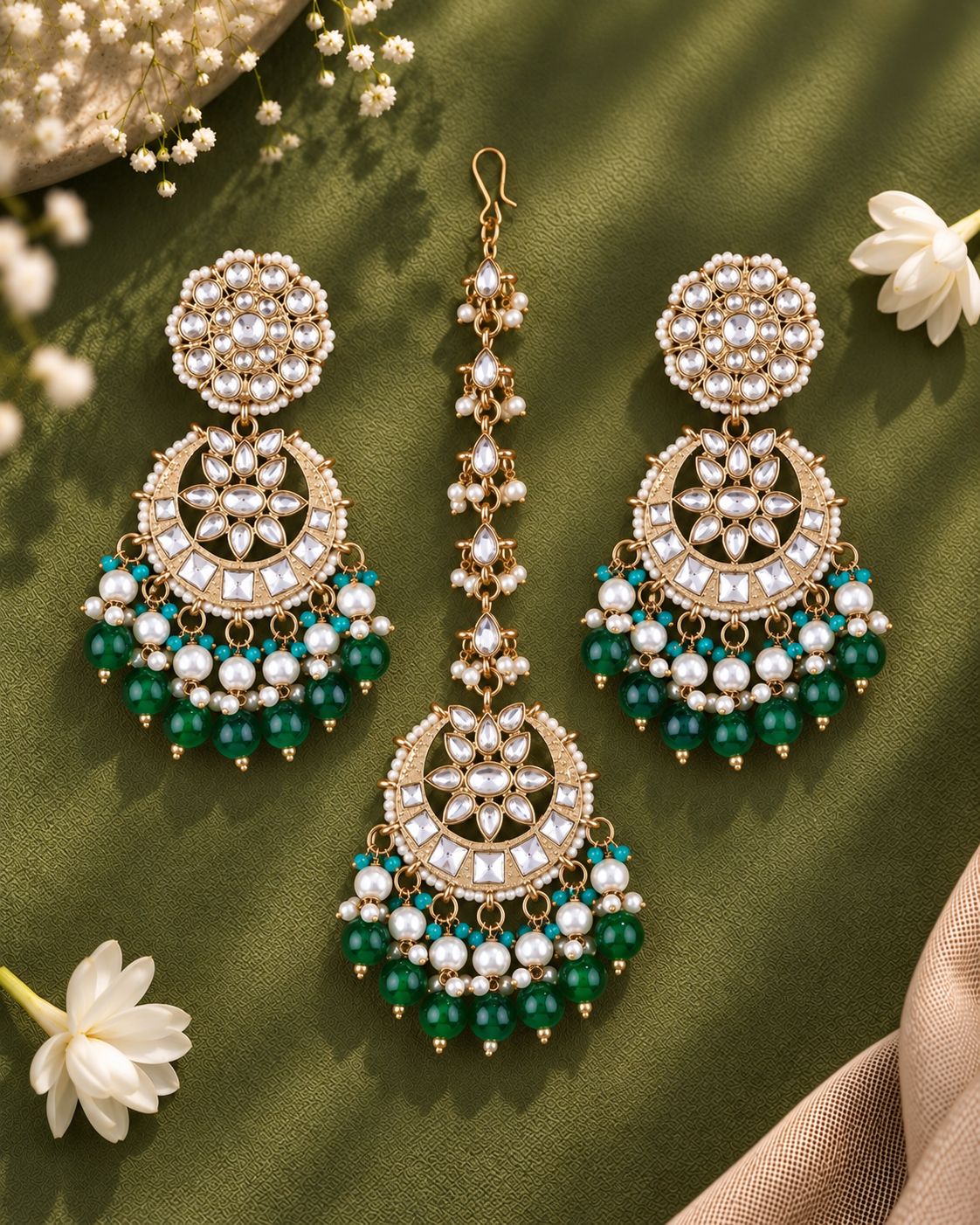 Green Seerat Teeka Earring Combo Set