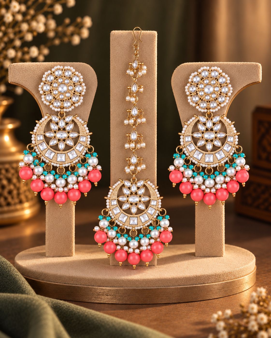 Coral Seerat Teeka Earring Combo Set