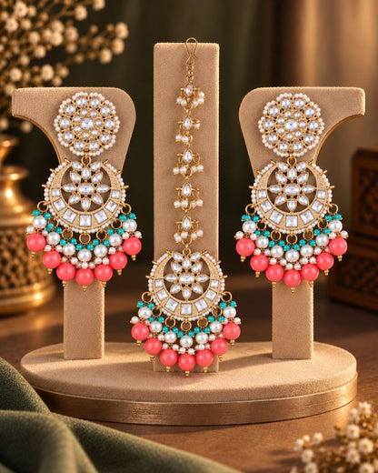 Coral Seerat Teeka Earring Combo Set