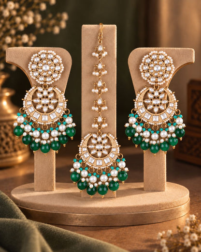 Green Seerat Teeka Earring Combo Set