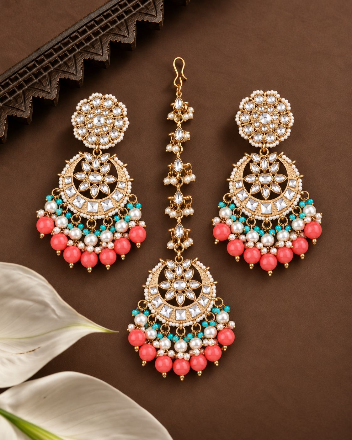Coral Seerat Teeka Earring Combo Set