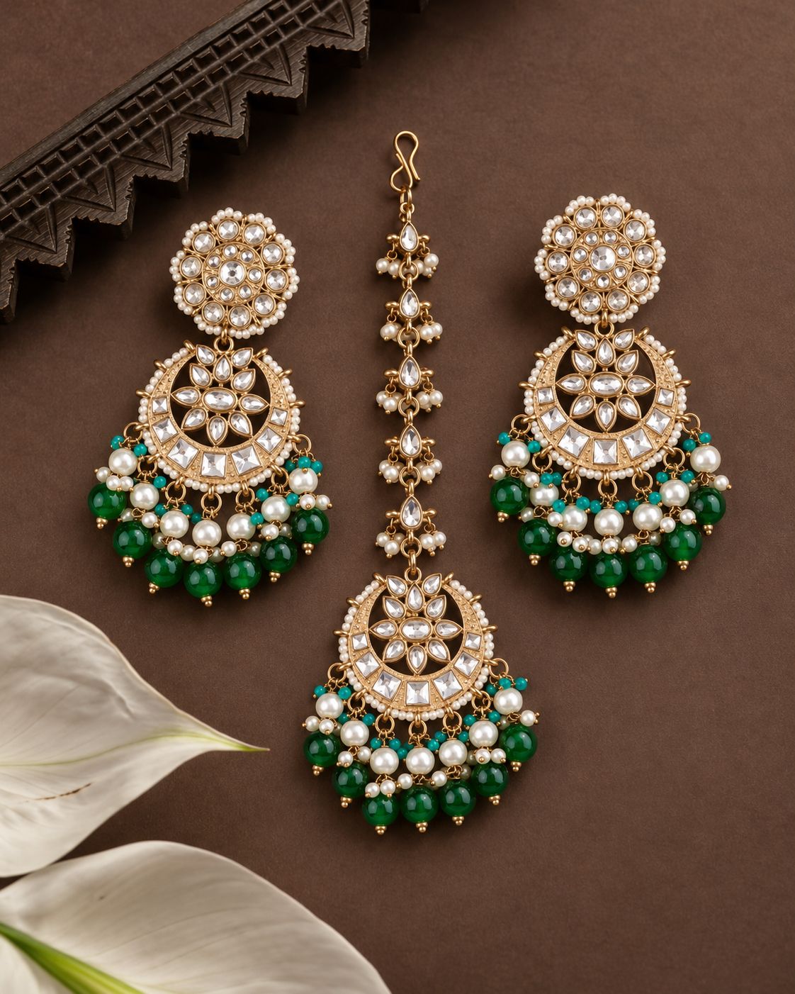Green Seerat Teeka Earring Combo Set