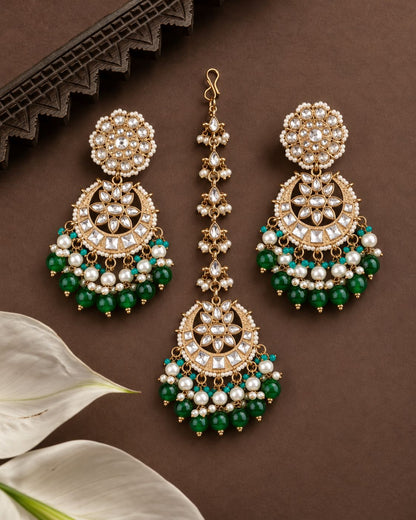 Green Seerat Teeka Earring Combo Set