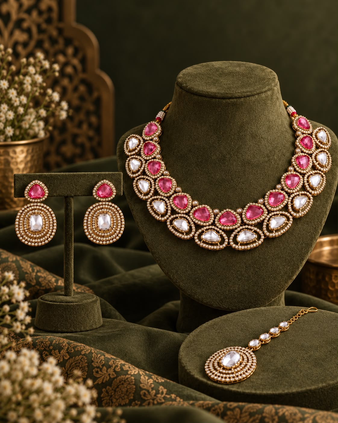 Pink Rajnivanshi Premium Polki Dupe Necklace with Earring and Teeka