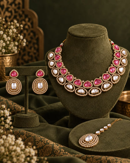 Pink Rajnivanshi Premium Polki Dupe Necklace with Earring and Teeka
