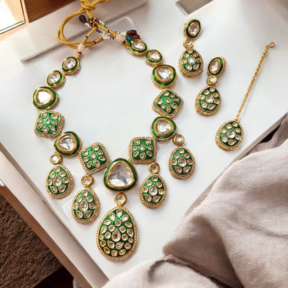 Ivory Kuvar Premium Meenakari Dabi Kundan Necklace Set with Earring and Teeka