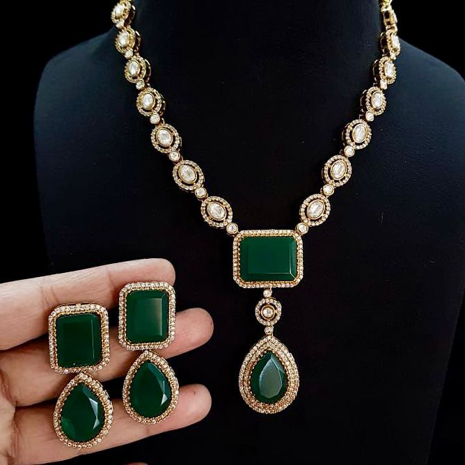 Green Akshay Necklace Premium Monalisa and Polki Stone Detailed