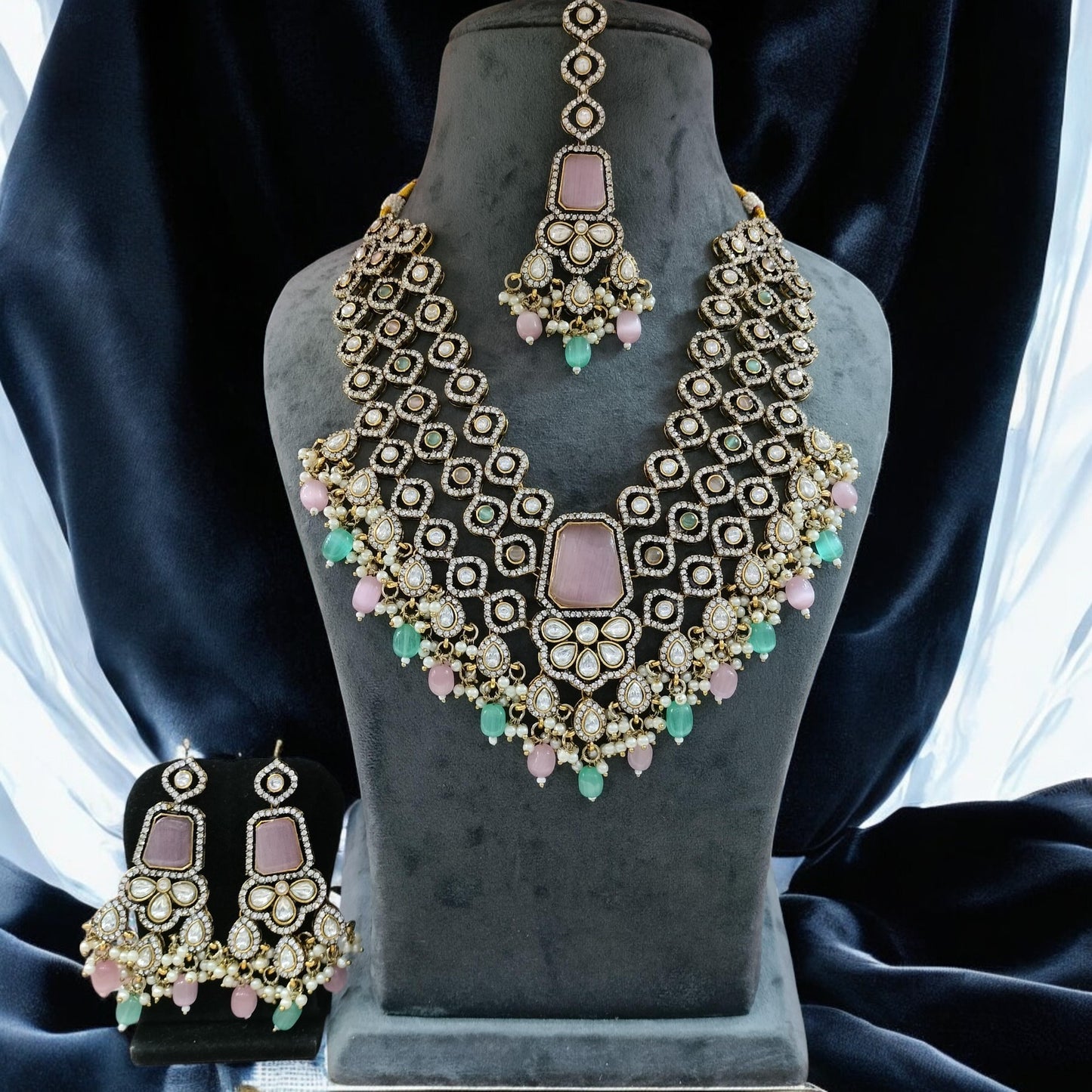 Pastel Arizona Premium Monalisa Layered Necklace Set with Earring and Teeka