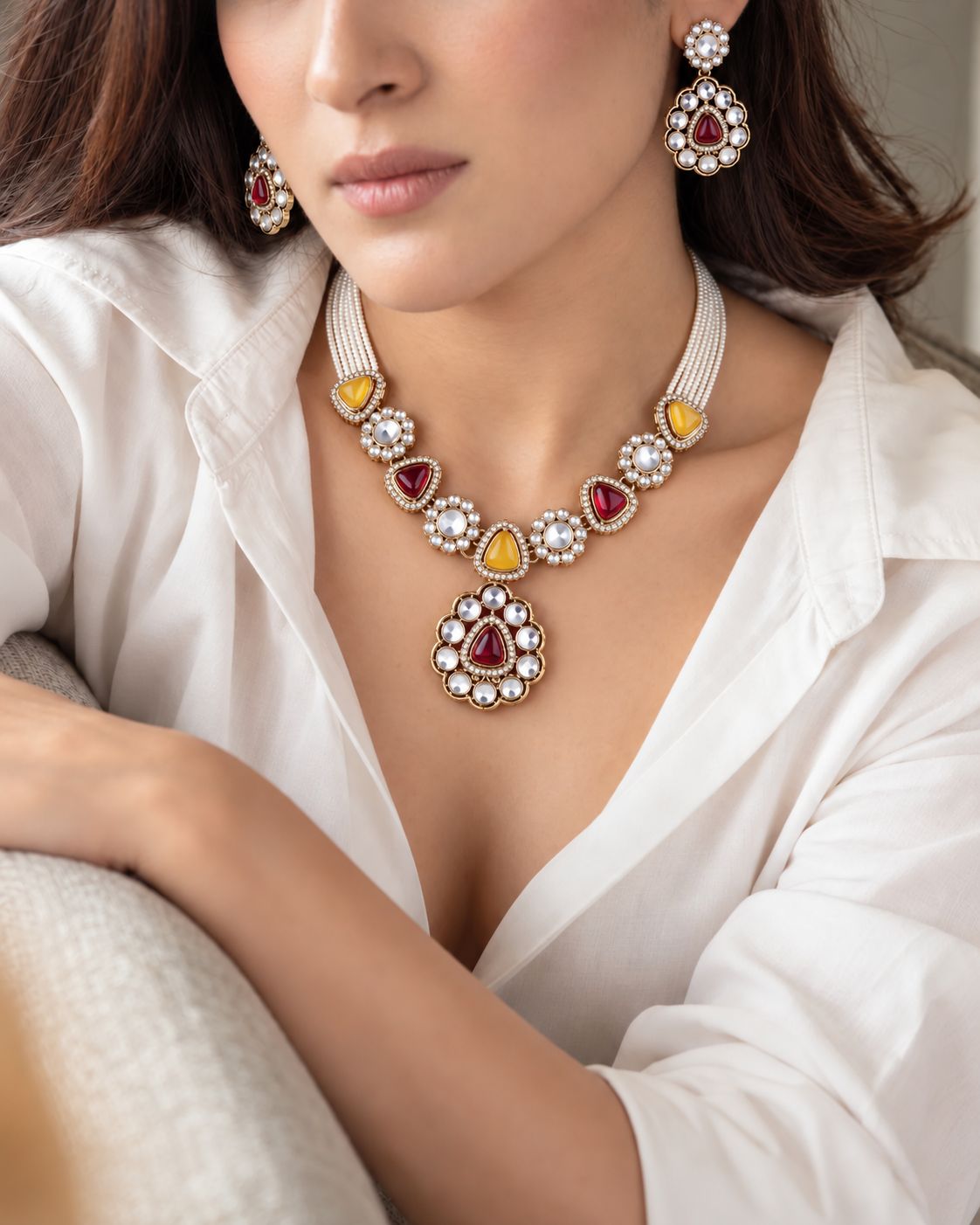Red Yellow Jasneet Premium Zircone Polki Dupe Necklace Set With Earrings & Teeka
