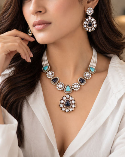 Blue Turquoise Jasneet Premium Zircone Polki Dupe Necklace Set With Earrings & Teeka