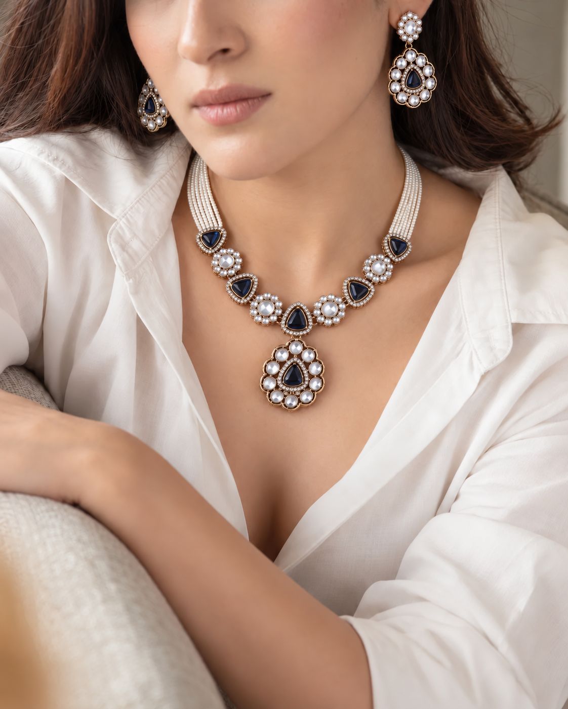 Blue Jasneet Premium Zircone Polki Dupe Necklace Set With Earrings & Teeka